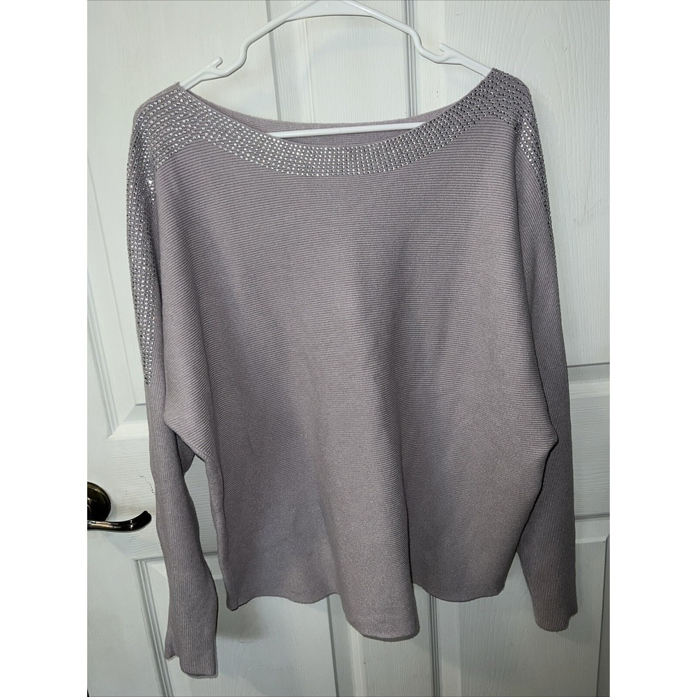 Vila‎ Milano Bejeweled Rhinestone Trimmed Boatneck Sweater Liliac Size Large